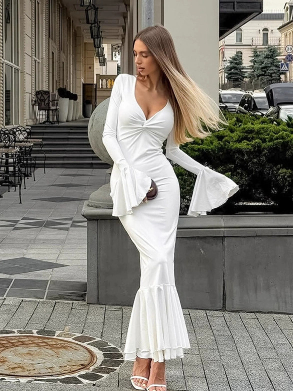 Forever 21 Fall Ruffled Fishtail Bodycon Dress Flared Sleeves Slim Fit